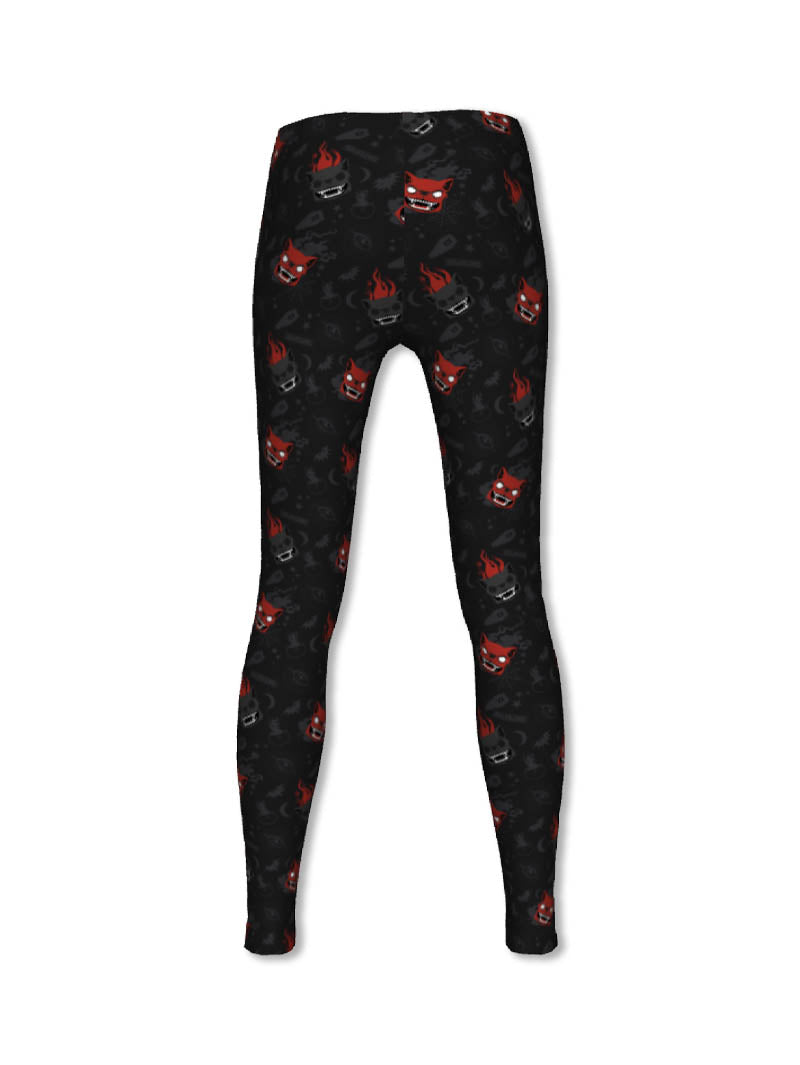 Back of a pair of black leggings featuring a repeating Halloween-themed pattern with red and grey stylised dog heads—some with flames—and subtle background motifs like bats, skulls, and bones. The leggings are displayed upright on a plain light background.