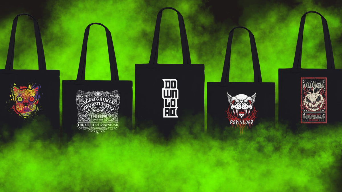 Five black tote bags with various bold, colorful graphic designs and logos are displayed against a vibrant green smoky background.