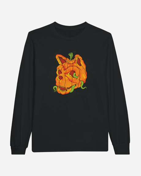 The Download Festival Shop Download Pumpkin Head Black Long-Sleeve T-Shirt is a black unisex tee featuring a graphic of a pumpkin carved like a skull, complete with green vines emerging from its mouth and eyes.