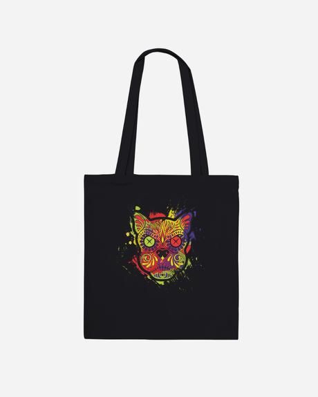 The Download Day of The Dead Black Tote Bag from Download Festival Shop features a vibrant artistic cat face on the front, accented with bold red, yellow, and purple details and intricate patterns. This made-to-order tote bag offers two long handles and a simple, modern design.