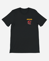 Black t-shirt with a red and yellow logo on a white background