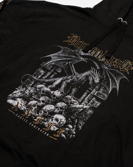 The PRE-ORDER 2026 Exclusive Line-Up Hoodie from Download Festival Shop features a dragon on stone ruins above skulls, gothic-style text, and “Castle Conqueror” below. This online exclusive is a must-have for devoted fans.
