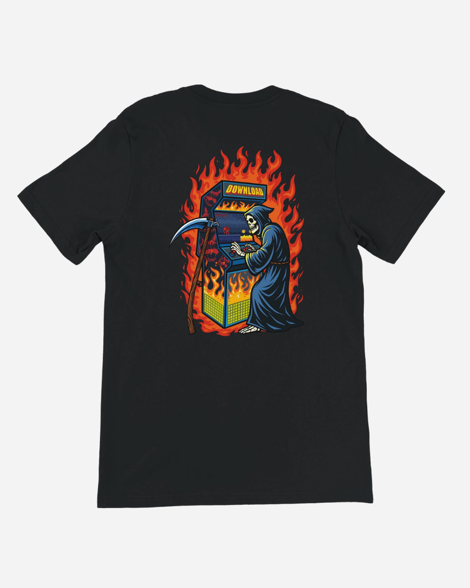 Black t-shirt with a graphic design of a skeleton holding a scythe and flames on the back, on a white background.