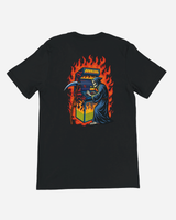 Black t-shirt with a graphic design of a skeleton holding a scythe and flames on the back, on a white background.