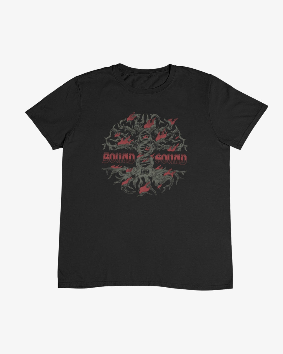 The Bound by Sound Black T-Shirt showcases a red and gray circular dragon graphic with bold “Bound by Sound” text. This Download Family exclusive is crafted using eco-friendly processes.