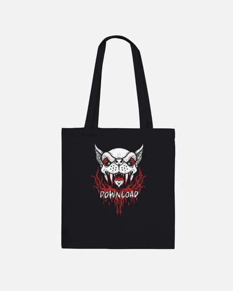 Introducing the Download Festival Shop’s “Download Vampire Black Tote Bag”—a made-to-order, 100% cotton long handle tote featuring a fierce, stylized dog face with red eyes and sharp teeth above the word “DOWNLOAD,” accented by dripping red details. This stylish and practical bag is perfect for everyday use.