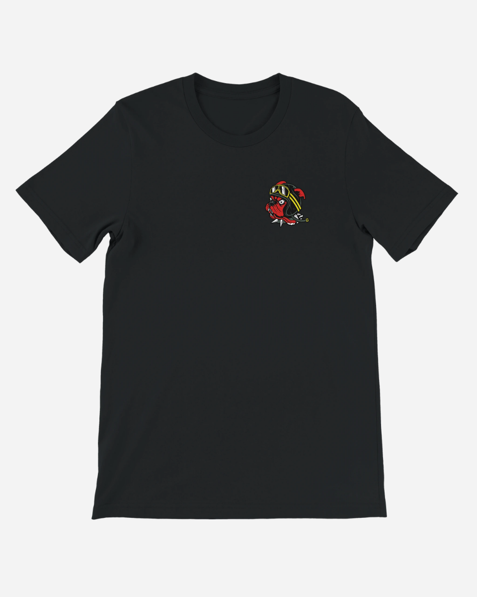 Black t-shirt with a small colorful graphic on the chest against a white background