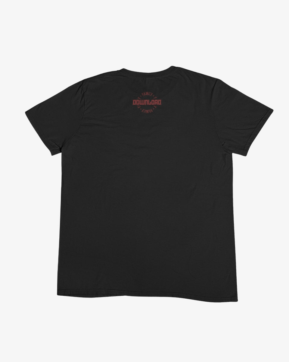 The Bound by Sound Black T-Shirt is shown laid flat on a light gray background, featuring a small red Download logo and text near the upper back. Made with eco-friendly processes.