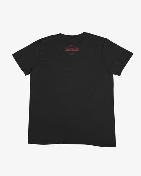 The Bound by Sound Black T-Shirt is shown laid flat on a light gray background, featuring a small red Download logo and text near the upper back. Made with eco-friendly processes.