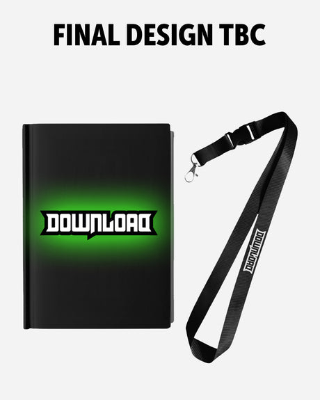 A black binder with a green glow and Download logo sits next to a matching lanyard on a light background. FINAL DESIGN TBC appears above. PRE-ORDER 2027 Programme & Lanyard Pack available from Download Festival Shop – perfect for festival essentials!.