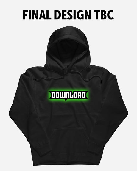 The PRE-ORDER 2027 Line-Up Hoodie from Download Festival Shop is a black hoodie featuring DOWNLOAD in bold white letters outlined in black and green on the front. "FINAL DESIGN TBC" appears above the graphic on a plain background.