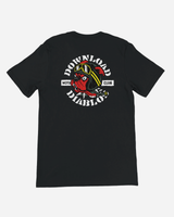 Black t-shirt with a graphic design on the back featuring a motorcycle club logo.