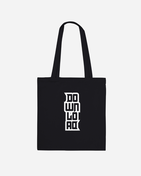 A black, made-to-order Download Pumpkin Head Tote Bag from the Download Festival Shop, featuring the word DOWNLOAD printed in bold, white, stacked block letters on the front.