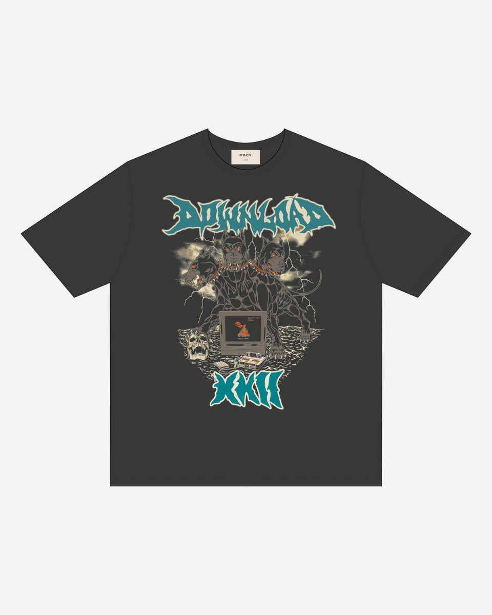 The P&Co Cerberus 2025 Event T-Shirt by 2025 is a black tee featuring a creature amid lightning, skulls, and clouds, with DOWNWARD text above and blue Roman numerals XXIII below in a dark fantasy style.