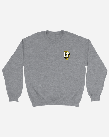 Gray sweatshirt with a logo on the chest against a white background