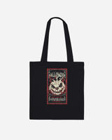 The Download Admit One Soul Black Tote Bag from Download Festival Shop is made from 100% black cotton and features a Halloween-themed graphic with a carved pumpkin, bats, and the text “Halloween” and “Download” in red and white accents on a dark background. This made-to-order tote bag has long handles for comfortable carrying.