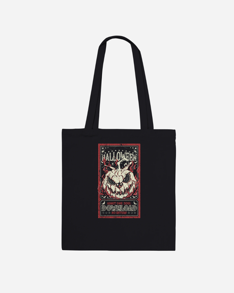 The Download Admit One Soul Black Tote Bag from Download Festival Shop is made from 100% black cotton and features a Halloween-themed graphic with a carved pumpkin, bats, and the text “Halloween” and “Download” in red and white accents on a dark background. This made-to-order tote bag has long handles for comfortable carrying.