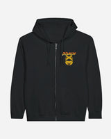 The Indiana Bones Black Zip Hoodie from Download Festival Shop is a black organic cotton zip-up with two front pockets, a hood, and a yellow-orange Download logo featuring a dog's face graphic on the upper left chest.