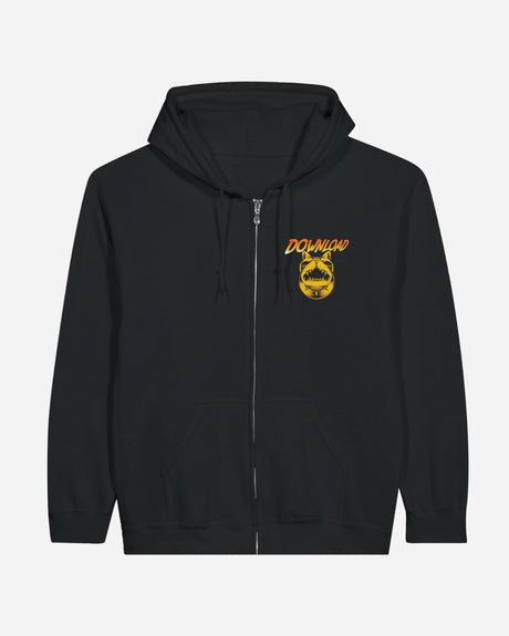 The Indiana Bones Black Zip Hoodie from Download Festival Shop is a black organic cotton zip-up with two front pockets, a hood, and a yellow-orange Download logo featuring a dog's face graphic on the upper left chest.