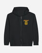 The Indiana Bones Black Zip Hoodie from Download Festival Shop is a black organic cotton zip-up with two front pockets, a hood, and a yellow-orange Download logo featuring a dog's face graphic on the upper left chest.