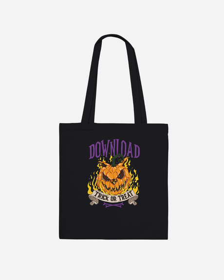 Introducing the Download Trick Or Treat Black Tote Bag from Download Festival Shop. This Halloween-themed tote features a striking flaming jack-o-lantern with vibrant green bat wings on a made-to-order, 100% cotton black bag. Above the design, bold purple lettering spells out “DOWNLOAD,” while a ribbon banner below reads “TRICK OR TREAT.” Finished with long handles for easy carrying, this tote is perfect for all your spooky season essentials.