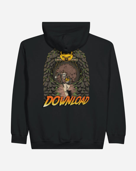 The Indiana Bones Black Zip Hoodie from Download Festival Shop features a skeleton with a pumpkin, exiting a leafy arch beneath a yellow moon. Made from organic cotton, it displays “DOWNLOAD” in bold orange and yellow at the bottom.