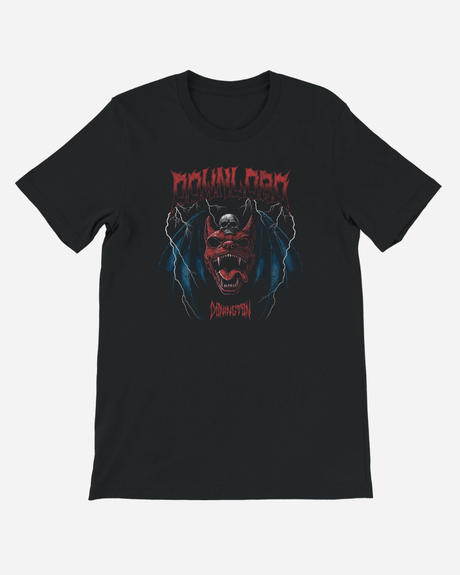 Black t-shirt with a graphic design of a demon face and text on a white background
