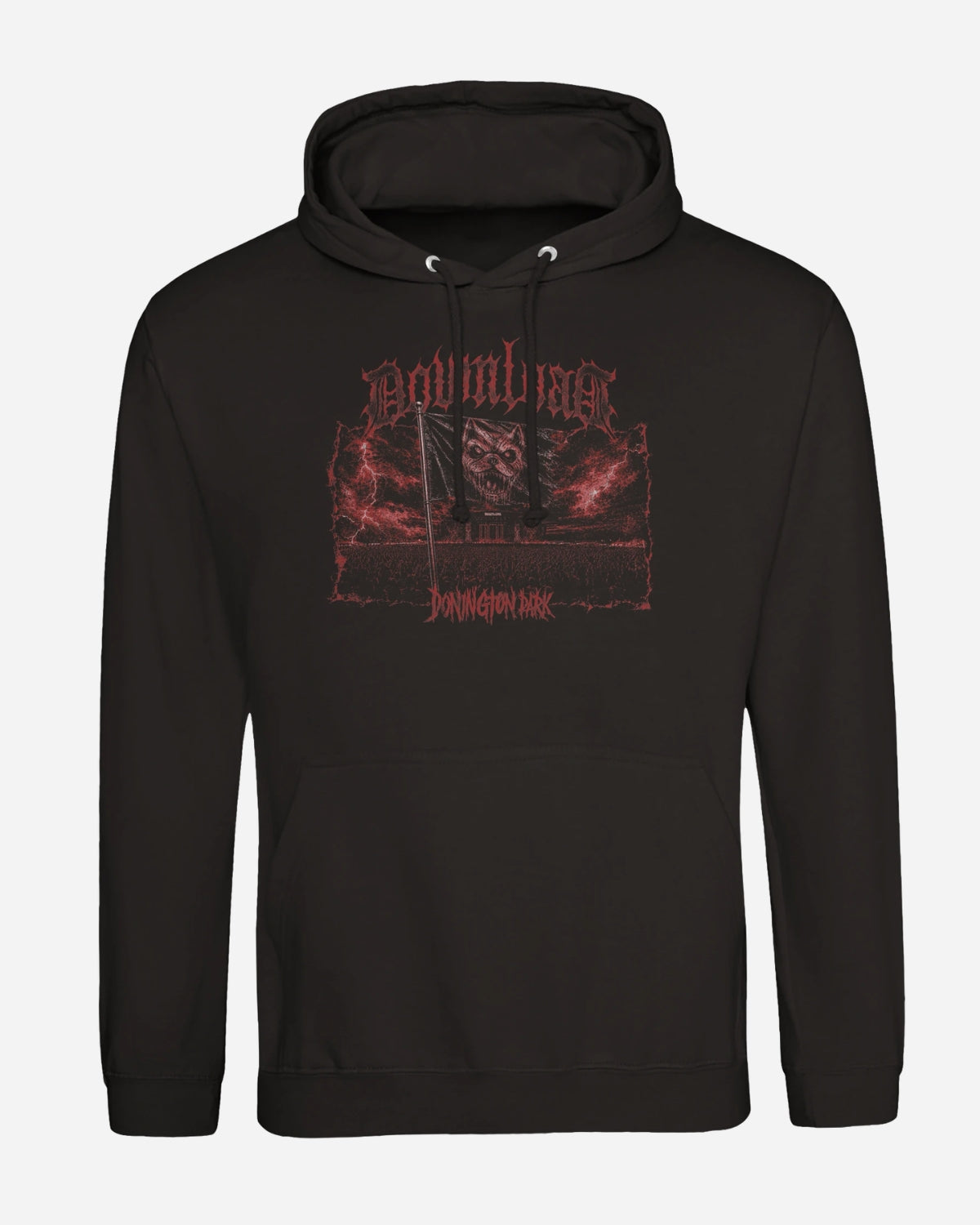 The Download Flag 2026 Line-Up Hoodie from Download Festival Shop is a black, super soft ringspun cotton hoodie with a red demonic skull, stormy clouds, and “DOWNLOAD” and “DOMINATION RISE” in metal-style font on the chest.