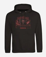 The Download Flag 2026 Line-Up Hoodie from Download Festival Shop is a black, super soft ringspun cotton hoodie with a red demonic skull, stormy clouds, and “DOWNLOAD” and “DOMINATION RISE” in metal-style font on the chest.