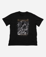 The PRE-ORDER 2026 Exclusive Line-Up T-Shirt from Download Festival Shop features a black design with a gothic winged skeleton over skulls, “Downham” above, and “Death Forever” below—ideal for festival-goers and collectors.