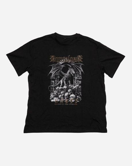 The PRE-ORDER 2026 Exclusive Line-Up T-Shirt from Download Festival Shop features a black design with a gothic winged skeleton over skulls, “Downham” above, and “Death Forever” below—ideal for festival-goers and collectors.