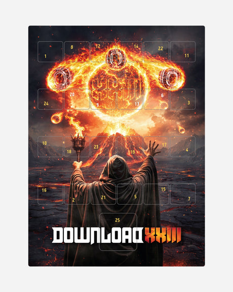 A hooded figure lifts a torch toward a fiery symbol over volcanoes. Overlaid is the Download Family XXIII Countdown Calendar by 2026 and "DOWNLOAD" with "XXIII" in glowing orange letters.