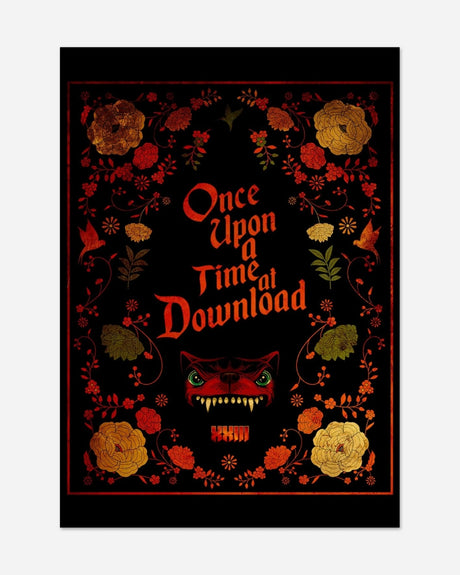 The DLXXIII Legends Of The Page Poster A2 from Download Festival Shop features ornate orange and yellow flowers framing "Once Upon a Time at Download" above a red wolf’s face, printed on premium art paper for lasting vibrancy.