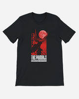 Black t-shirt with red and white graphic design on a white background