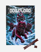 The 2025 Download Advent Calendar features a skeleton rider in a hood on a sleigh, pulled by three fierce red snarling dogs through a snowy, dark blue forest.