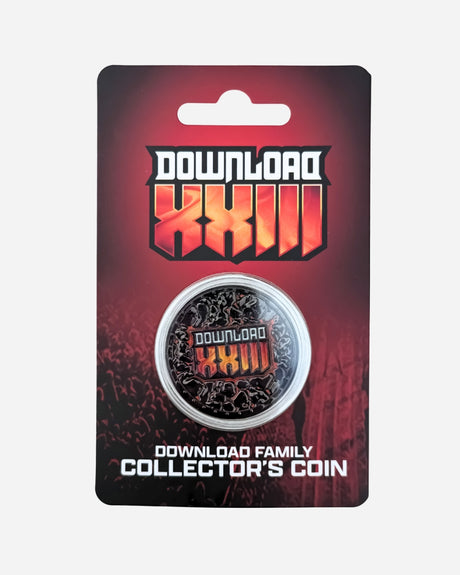 The 2025 Download Family Collector’s Coin is a limited edition collectible featuring bold festival branding, red and black packaging with a crowd silhouette, and "Download XXIII" labeling.