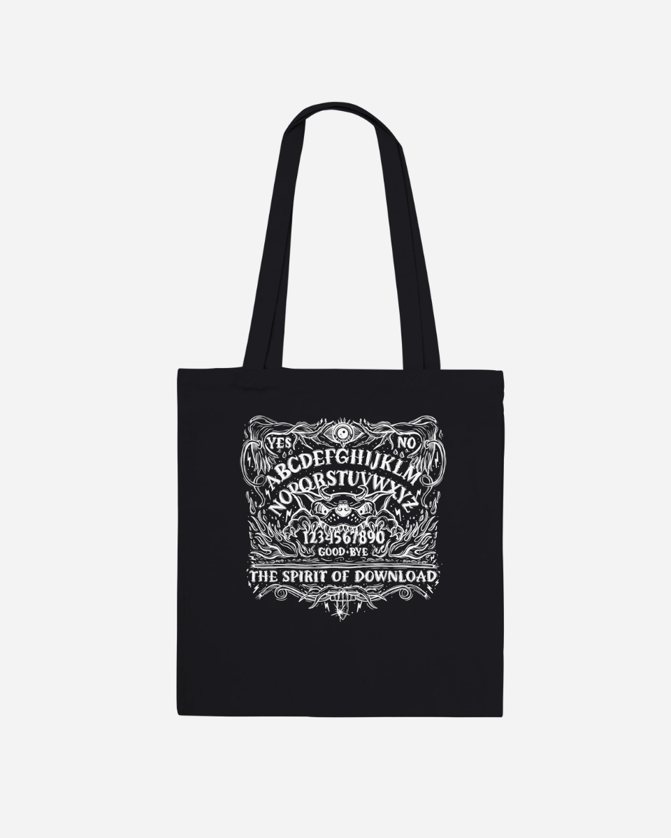 Introducing the Download Ouija Board Black Tote Bag from Download Festival Shop—a stylish, made-to-order accessory crafted from 100% cotton. This durable tote features long handles and a striking white Ouija board-inspired design on the front, displaying the alphabet, numbers, YES, NO, GOOD BYE, and the phrase “THE SPIRIT OF DOWNLOAD.” Perfect for everyday use.