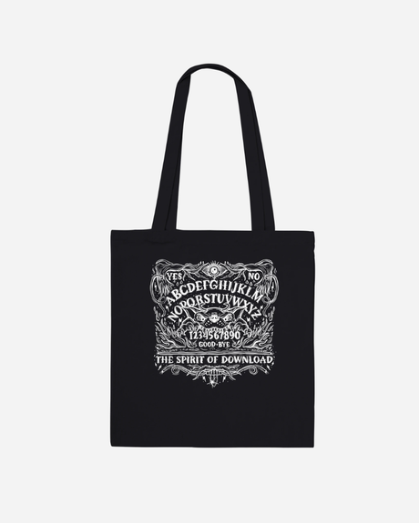 Introducing the Download Ouija Board Black Tote Bag from Download Festival Shop—a stylish, made-to-order accessory crafted from 100% cotton. This durable tote features long handles and a striking white Ouija board-inspired design on the front, displaying the alphabet, numbers, YES, NO, GOOD BYE, and the phrase “THE SPIRIT OF DOWNLOAD.” Perfect for everyday use.