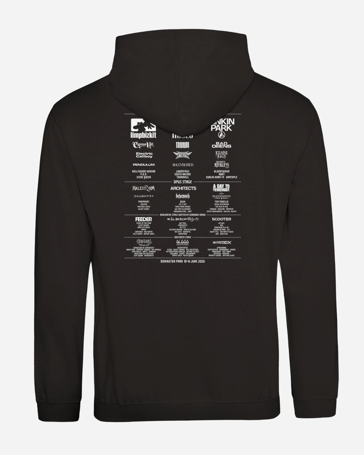 The Download Flag 2026 Line-Up Hoodie from Download Festival Shop is a black, super soft ringspun cotton hoodie with bold white text and logos on the back, styled like a concert lineup poster with multiple band names in various fonts.