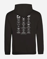 The Download Flag 2026 Line-Up Hoodie from Download Festival Shop is a black, super soft ringspun cotton hoodie with bold white text and logos on the back, styled like a concert lineup poster with multiple band names in various fonts.