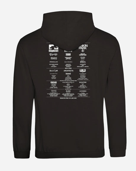 The Download Flag 2026 Line-Up Hoodie from Download Festival Shop is a black, super soft ringspun cotton hoodie with bold white text and logos on the back, styled like a concert lineup poster with multiple band names in various fonts.