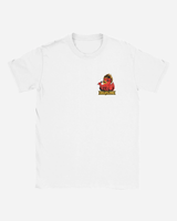 White t-shirt with a small logo on a white background