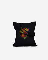 The Download Day of The Dead Black Tote Bag from Download Festival Shop features a vibrant, colorful cat face design in splashes of red, yellow, green, blue, and purple on the front—a striking motif that truly stands out against the black background.