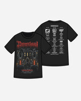 The Download 2026 Mary Wyatt Gatekeeper Line Up T-Shirt features a bold gothic front graphic with red text, while the back displays festival info and band names in white, styled like a concert lineup poster. Both sides showcase intricate designs.
