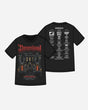 The Download 2026 Mary Wyatt Gatekeeper Line Up T-Shirt features a bold gothic front graphic with red text, while the back displays festival info and band names in white, styled like a concert lineup poster. Both sides showcase intricate designs.