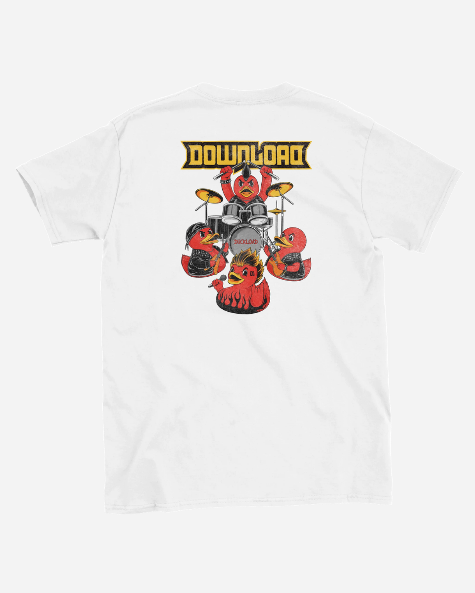 White t-shirt with a graphic design of a band playing instruments and the word 'Download' on a white background.