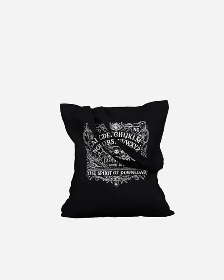 Introducing the Download Festival Shop’s Download Ouija Board Black Tote Bag—a made-to-order, 100% cotton black tote featuring a striking white ornate design with “THE SPIRIT OF DOWNLOAD” and other decorative elements. Its long handles ensure comfortable carrying wherever you go.