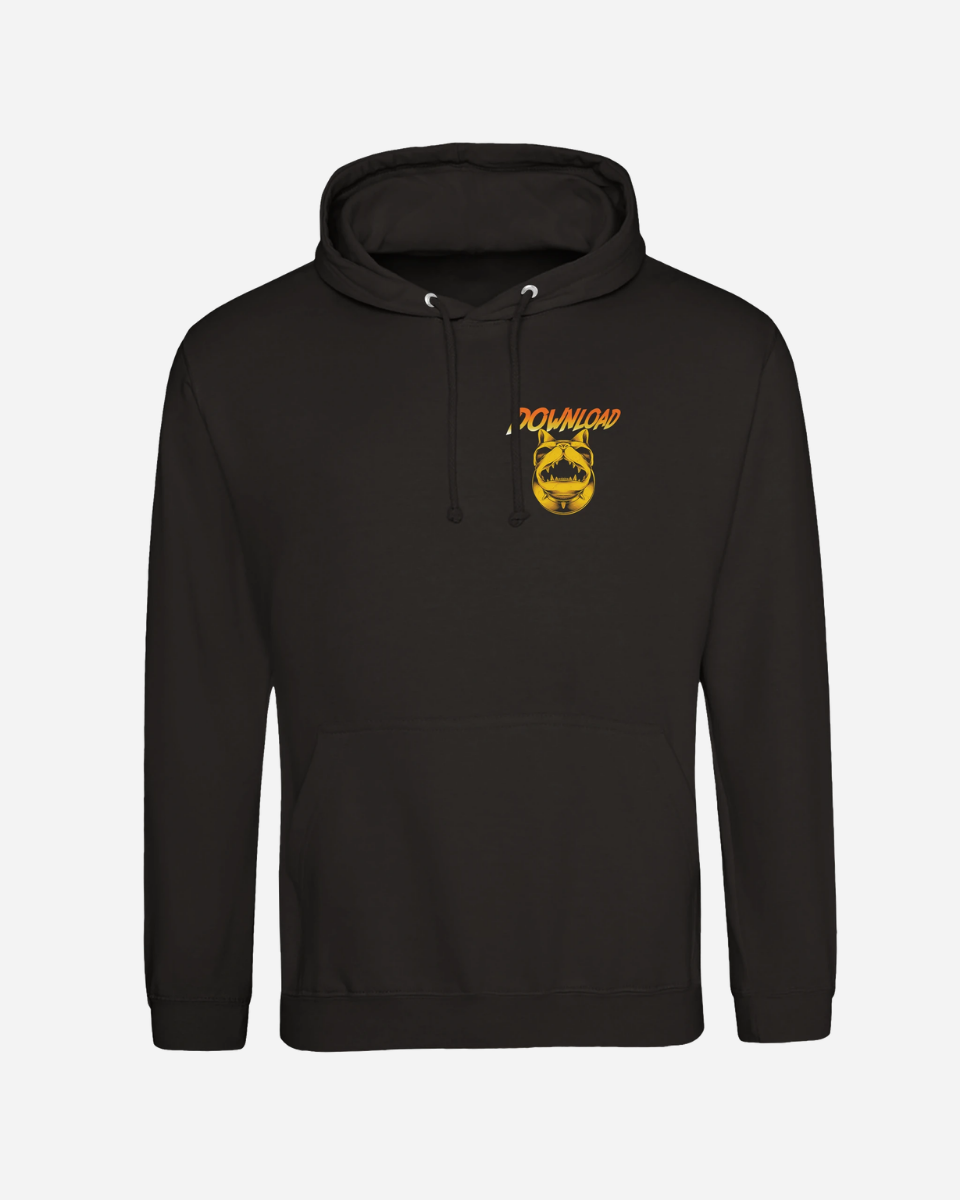 Black hoodie with a logo on the chest against a white background