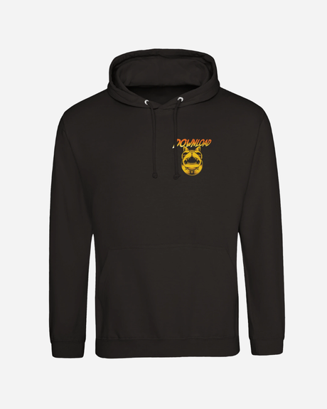Black hoodie with a logo on the chest against a white background