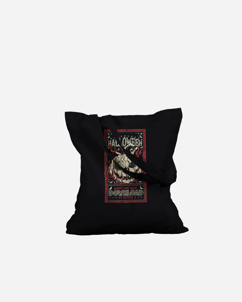 Introducing the Download Admit One Soul Black Tote Bag from Download Festival Shop—a made-to-order, 100% cotton tote bag featuring a bold graphic of a skeleton and the phrases “HALLO QUEEN” and “DOWNLOAD” on the front in striking red, white, and beige. With long handles for convenience, this stylish bag is designed for everyday practicality.